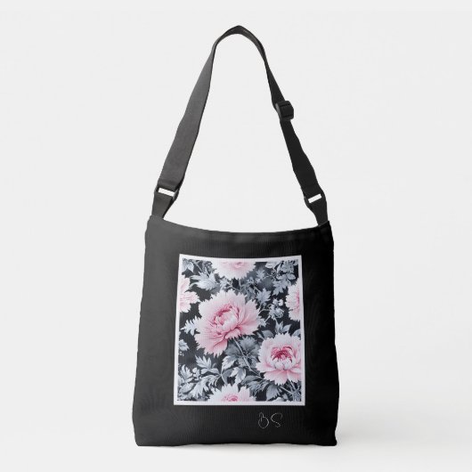 zwart & roze elegant Modern Floral Crossbody Tas (Voorkant)