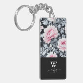 zwart & roze elegant Modern Floral Sleutelhanger (Voorkant Links)
