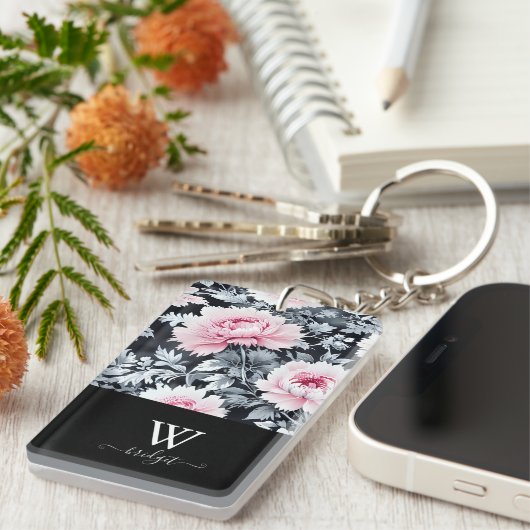 zwart & roze elegant Modern Floral Sleutelhanger (Voorkant Rechts)