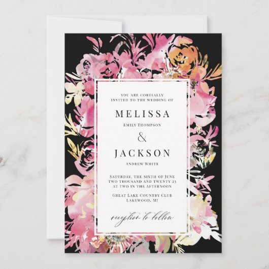 Zwart, Roze en Blush Waterverf Abstracte bloem Kaart (Voorkant)