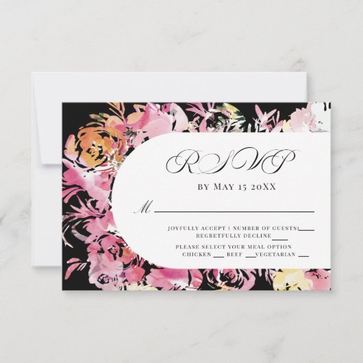 Zwart, Roze en Blush Waterverf Flower Arch RSVP (Voorkant)