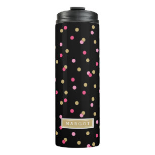 Zwart Roze en Gouden Confetti Stippen Monogram Thermosbeker