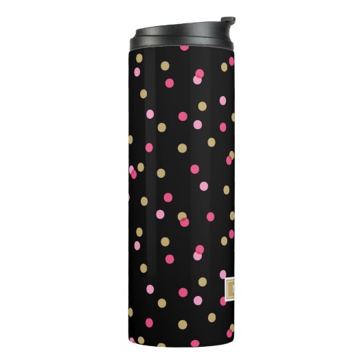 Zwart Roze en Gouden Confetti Stippen Monogram Thermosbeker (Gedraaid links)