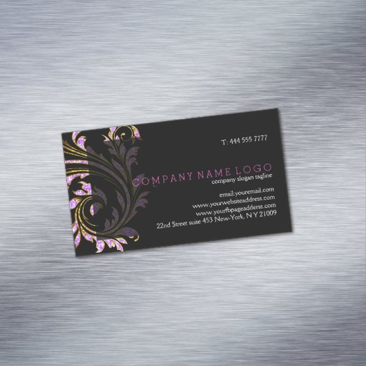 Zwart, roze en gouden florale werveling glitter magnetisch visitekaartje (Voorbeeld)