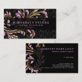 Zwart, roze en gouden florale werveling glitter visitekaartje (Voorkant / Achterkant)