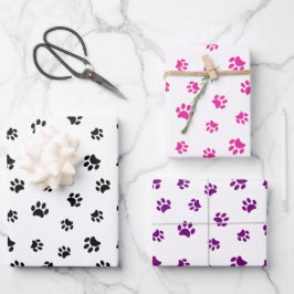 Zwart Roze en Paarse Paw Prints Patroon Inpakpapier Vel