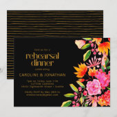 Zwart Roze en Sinaasappel Bloemen Repetitie Diner Kaart (Voorkant / Achterkant)