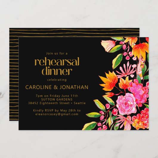 Zwart Roze en Sinaasappel Bloemen Repetitie Diner Kaart (Voorkant / Achterkant)