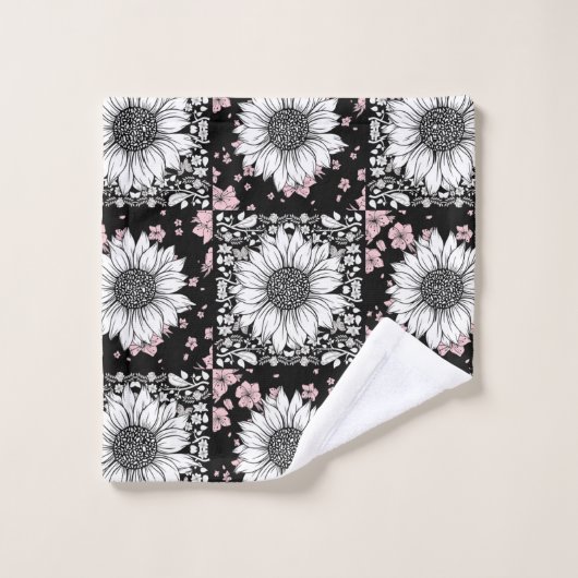 Zwart, Roze en Witte Bloemen Patchwork Patroon Bad Handdoek (Wasdoekje)