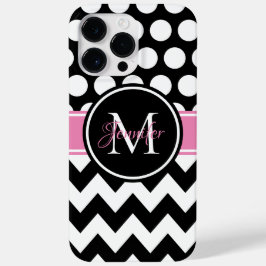 Zwart roze en witte chevron stippenmonogram Case-Mate iPhone 14 pro max hoesje