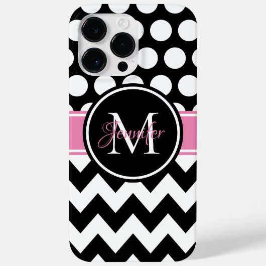 Zwart roze en witte chevron stippenmonogram Case-Mate iPhone case (Achterkant)