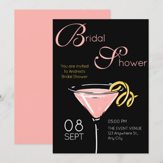 Zwart roze fancy cocktail bruids douche kaart (Voorkant / Achterkant)