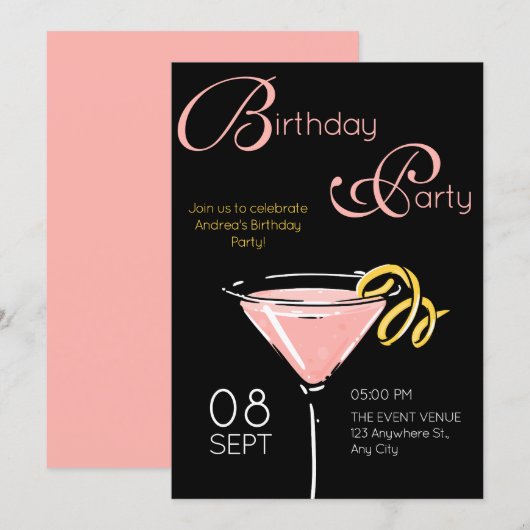Zwart roze fancy cocktail verjaardag kaart (Voorkant / Achterkant)