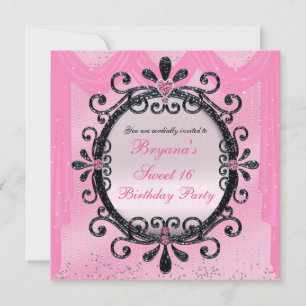 Zwart & Roze Fancy Frame Sweet 16 Feest Uitnodigin Kaart