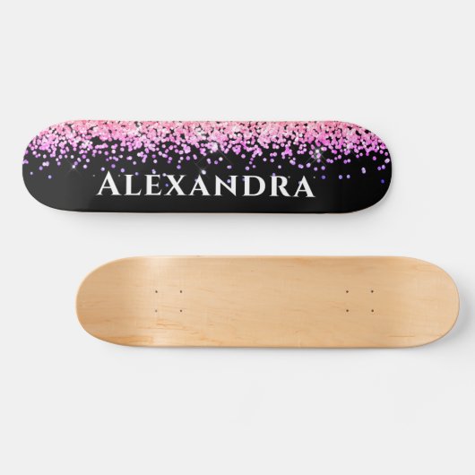 Zwart-roze faux Glitter Aesthetische Naam Persoonlijk Skateboard (Horizontaal)