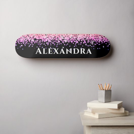 Zwart-roze faux Glitter Aesthetische Naam Persoonlijk Skateboard (Muurkunst (Horizontaal))