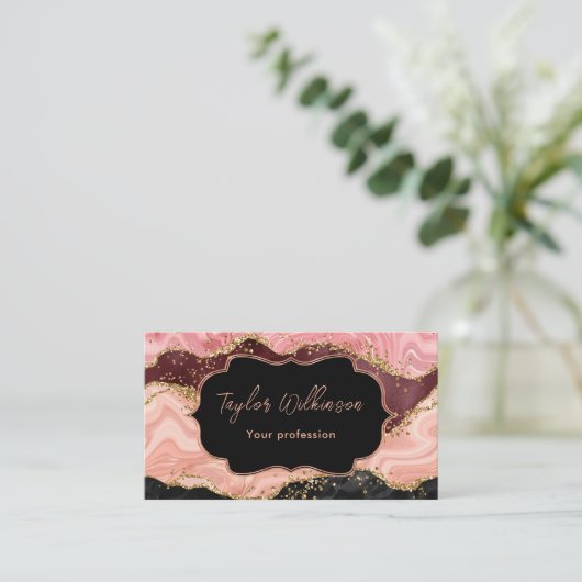 Zwart-roze faux glitter Sequins Agate Visitekaartje (Staand voorkant)