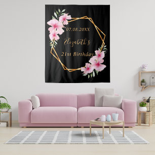 Zwart roze florals goud geometrische verjaardag wandkleed