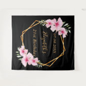 Zwart roze florals goud geometrische verjaardag wandkleed (Voorkant (horizontaal))