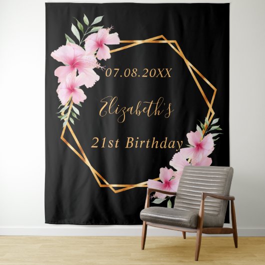 Zwart roze florals goud geometrische verjaardag wandkleed (In situ)
