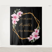 Zwart roze florals goud geometrische verjaardag wandkleed (Voorkant)