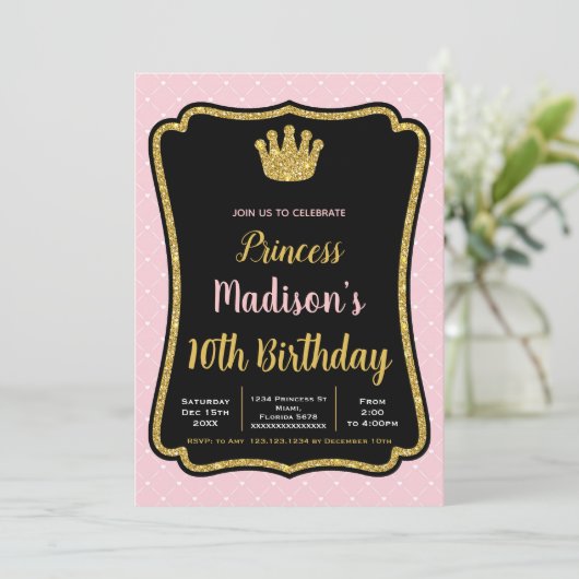 Zwart Roze Framekroon Prinses Uitnodigingen (Staand voorkant)