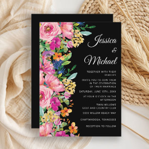 Zwart Roze Geel Waterverf Wildflowers Wedding Kaart