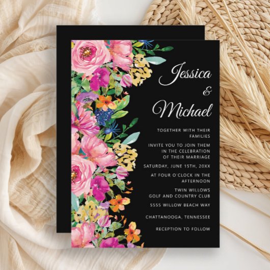 Zwart Roze Geel Waterverf Wildflowers Wedding Kaart