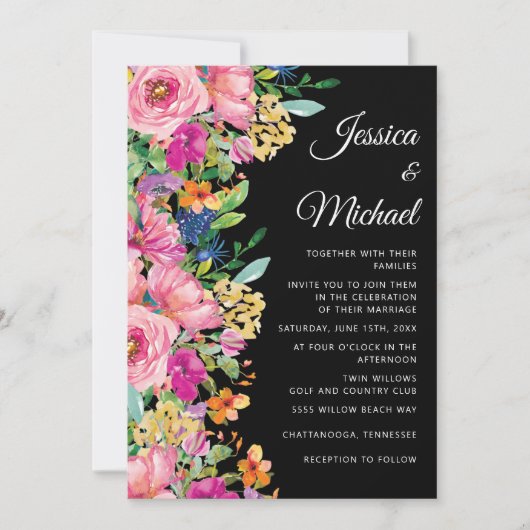 Zwart Roze Geel Waterverf Wildflowers Wedding Kaart (Voorkant)