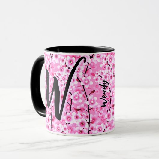 Zwart Roze Gift (Bloemnaam & Monogram)  Mok (Voorkant links)