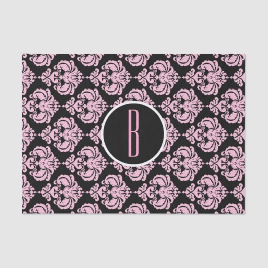 Zwart-roze Glam Damask Monogram Letter-Initiaal Tissuepapier (Voorkant)