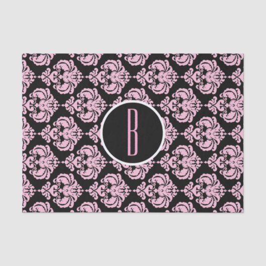 Zwart & Roze Glam Damast Monogram Letter Initiaal Tissuepapier (Voorkant)