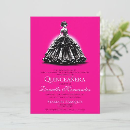 Zwart & Roze Glam Quinceañera Kaart (Staand voorkant)