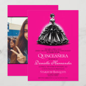 Zwart & Roze Glam Quinceañera Kaart (Voorkant / Achterkant)