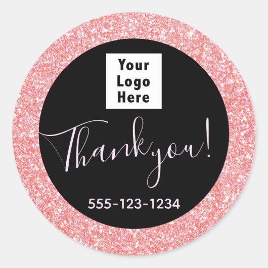 Zwart Roze Glitter Aangepaste Logo Ronde Sticker (Voorkant)