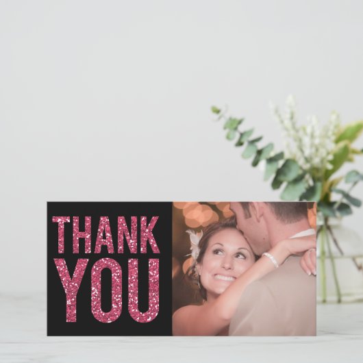 Zwart & Roze Glitter Bedankt Fotokaarten (Staand voorkant)