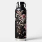 Zwart & Roze Glitter bloemen Waterfles (Voorkant)