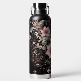 Zwart & Roze Glitter bloemen Waterfles