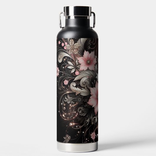 Zwart & Roze Glitter bloemen Waterfles (Voorkant)
