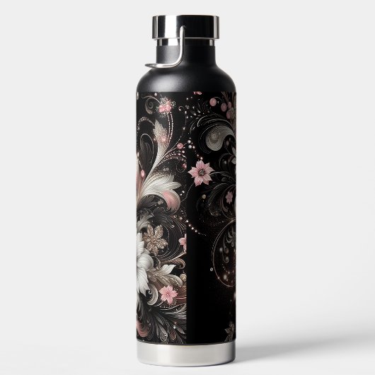 Zwart & Roze Glitter bloemen Waterfles (Rechts)