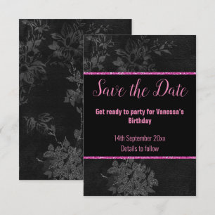 ZWART ROZE GLITTER BLOMEN SAVE THE DATE  RSVP KAARTJE