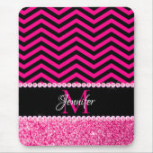 Zwart-roze Glitter Chevron Monogram Muismat (Voorkant)