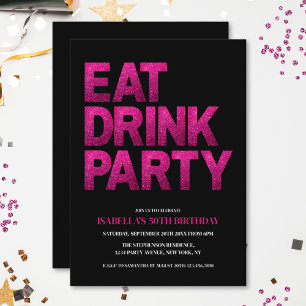 Zwart Roze Glitter Eet Drink Party 50ste Verjaarda Kaart