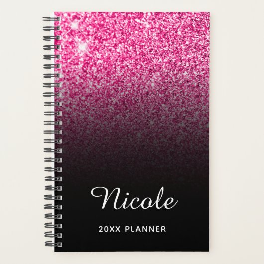 Zwart Roze Glitter Ombre Persoonlijk Planner (Voorkant)