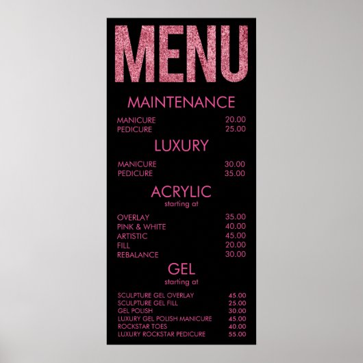 Zwart-roze Glitter Salon Menu Wall Poster (Voorkant)