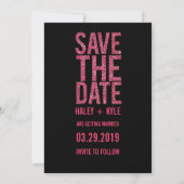 Zwart & Roze Glitter Save the Date Typografie Kaart