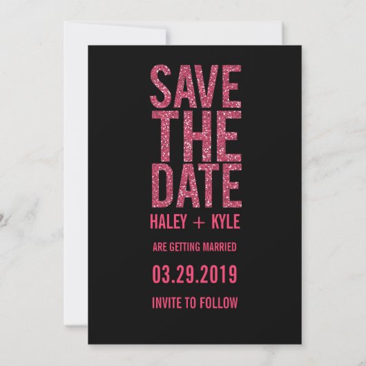 Zwart & Roze Glitter Save the Date Typografie Kaart (Achterkant)