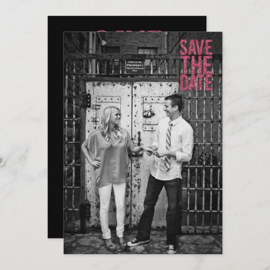 Zwart & Roze Glitter Save the Date Typografie Kaart (Voorkant / Achterkant)