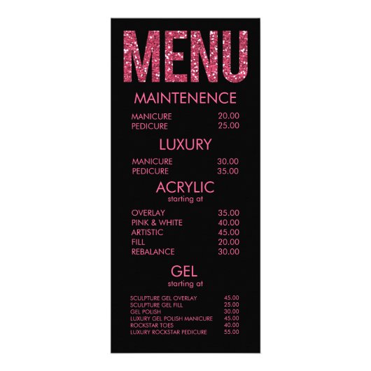 Zwart & Roze Glitter Typografie Salon Menu Kaarten (Voorkant)