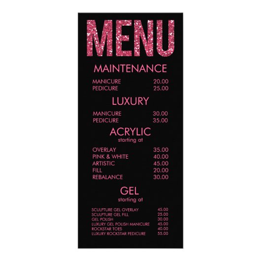 Zwart & Roze Glitter Typografie Salon Menu Kaarten (Voorkant)